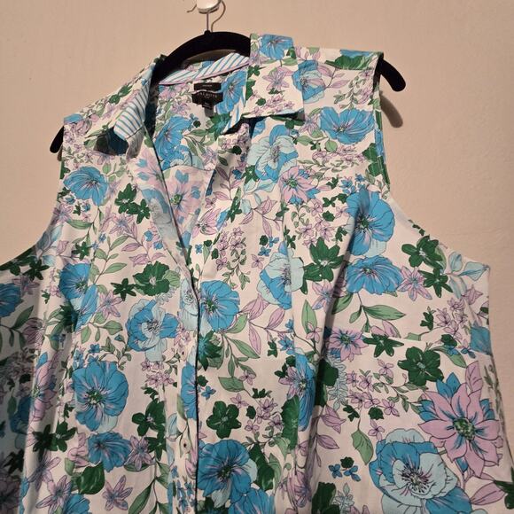 Talbots Non Iron Floral Sleeveless Shirt Women's 16W Blue Tropical Resort Cruise - Picture 2 of 9